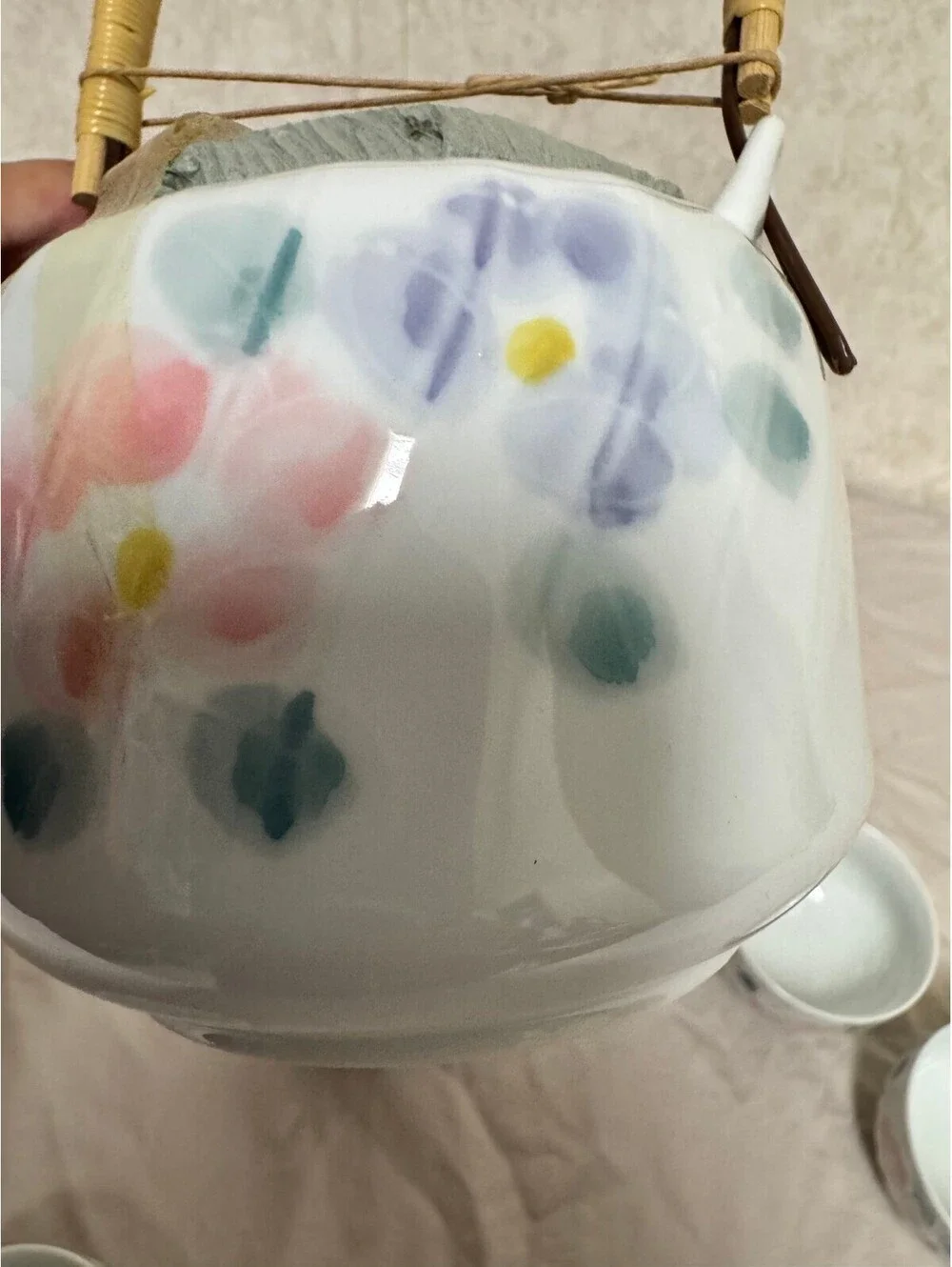Vintage Made in Japan Floral Tea Set Teapot & 4 Cups Bamboo Handle